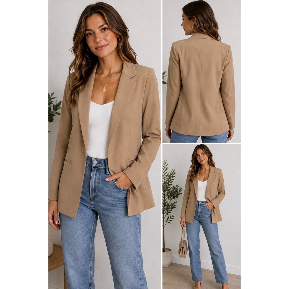 HYFVE Women's Small Camel Blazer Shoulder Pads Longline Career Jacket Office